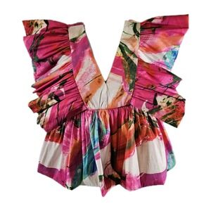 Love Highlight Blouse Womens Medium Pink Multicolor Ruffle Floral V Neck Cropped